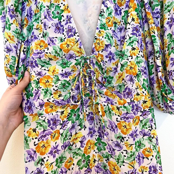 Nicholas Danielle Floral Deep V Neck Preppy Quarter Sleeve Tie Front Maxi Dress - Picture 5 of 9